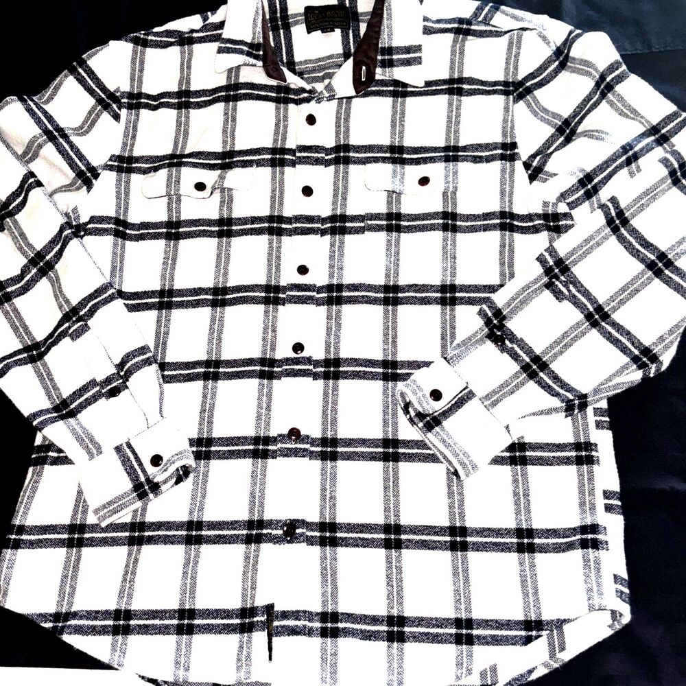Lucky Brand Mens Button Front Long Sleeve Cotton Black White Plaid Shirt XL